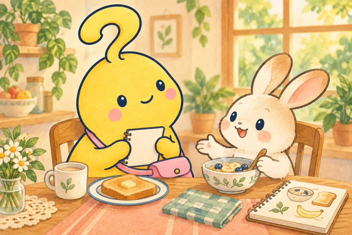 パンの皿の前のマスコットが、おかゆのような食事を前にしたうさぎの友だちの話を、ノートを持って聞いています。