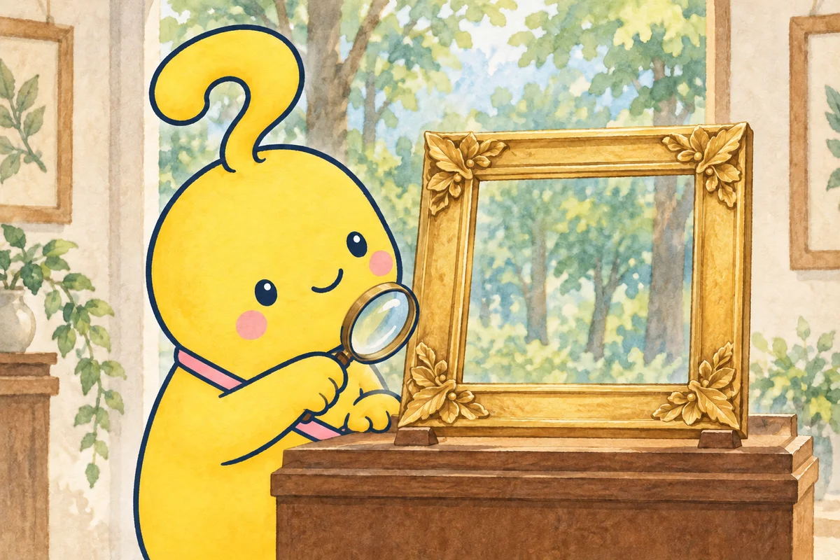 マスコットが、絵の入っていない額ぶちの飾りを虫めがねで見ています。実際の額を再現したものではない、架空の場面です。