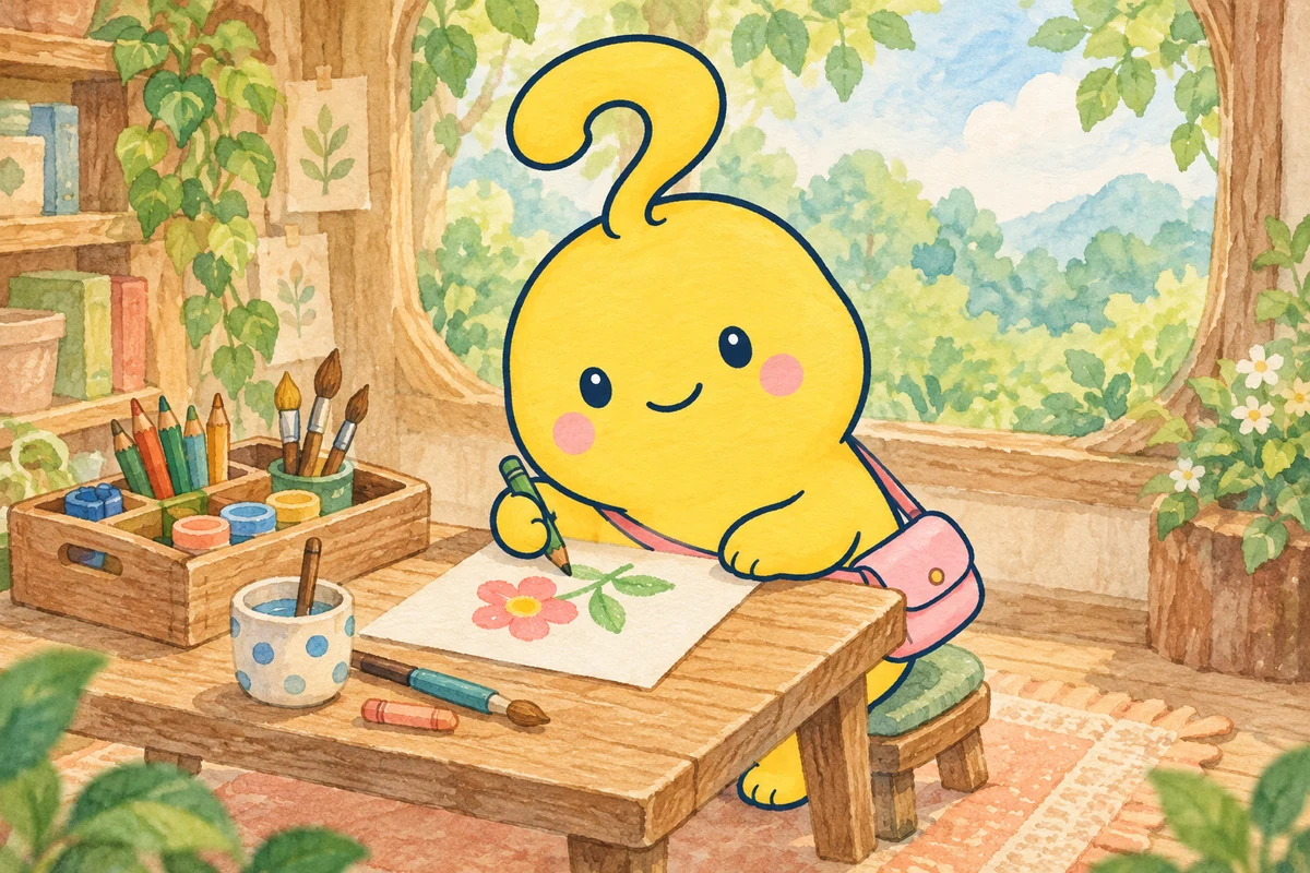 マスコットが借りた画材を使い、自分で選んだ絵を描き始めています。