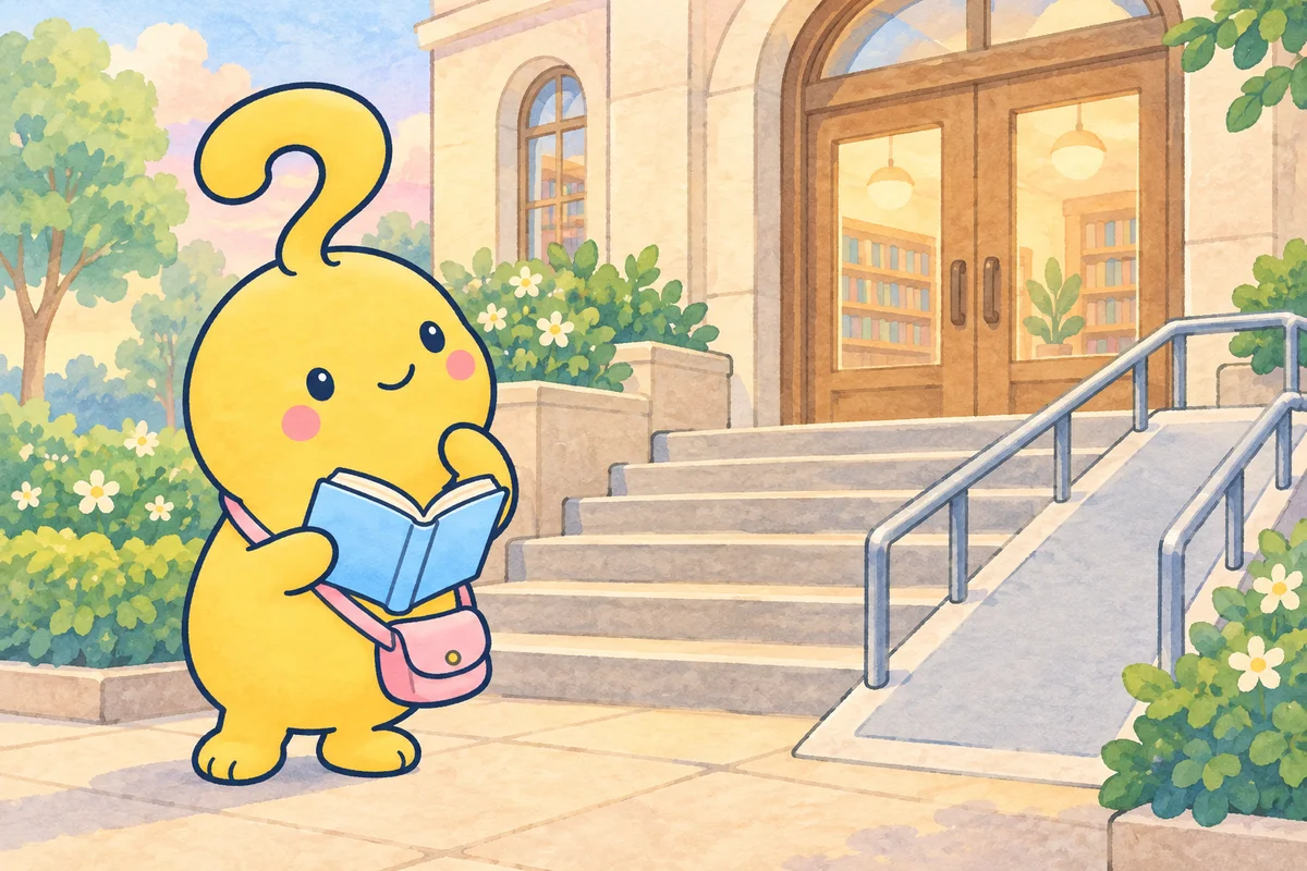 図書館の入口で、階段とスロープを見くらべています。