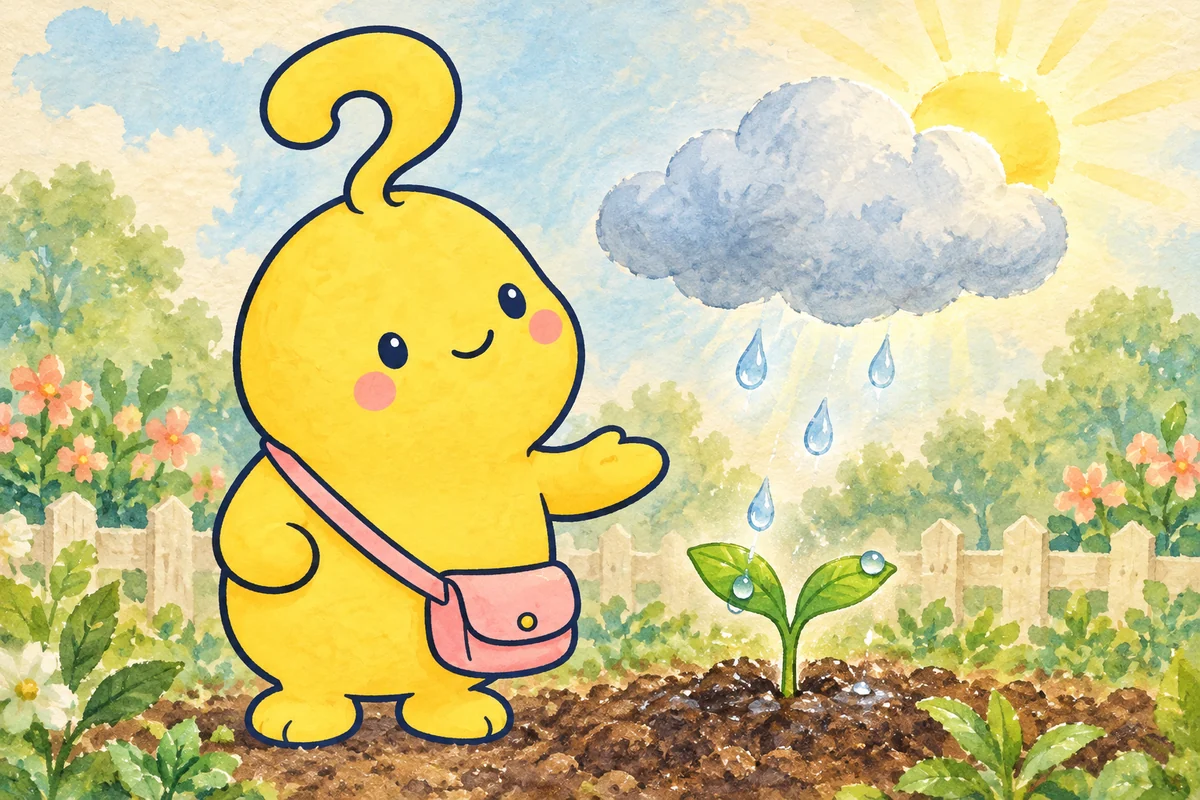 雨を受けて芽が育つのを、マスコットがほっとした顔で見ている。雨を喜びに重ねた想像の絵。