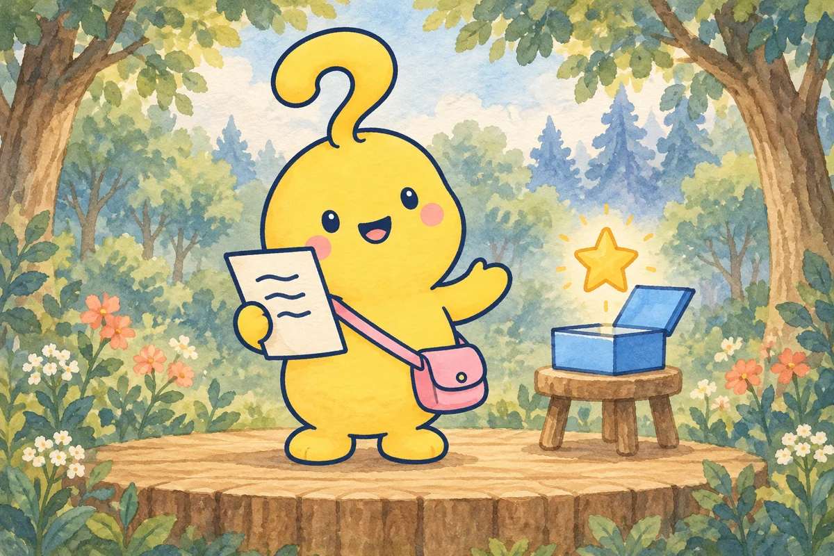 マスコットが森の小さな舞台で、自分の詩を声に出して読んでいます。背景の箱と星は、詩から想像した場面です。