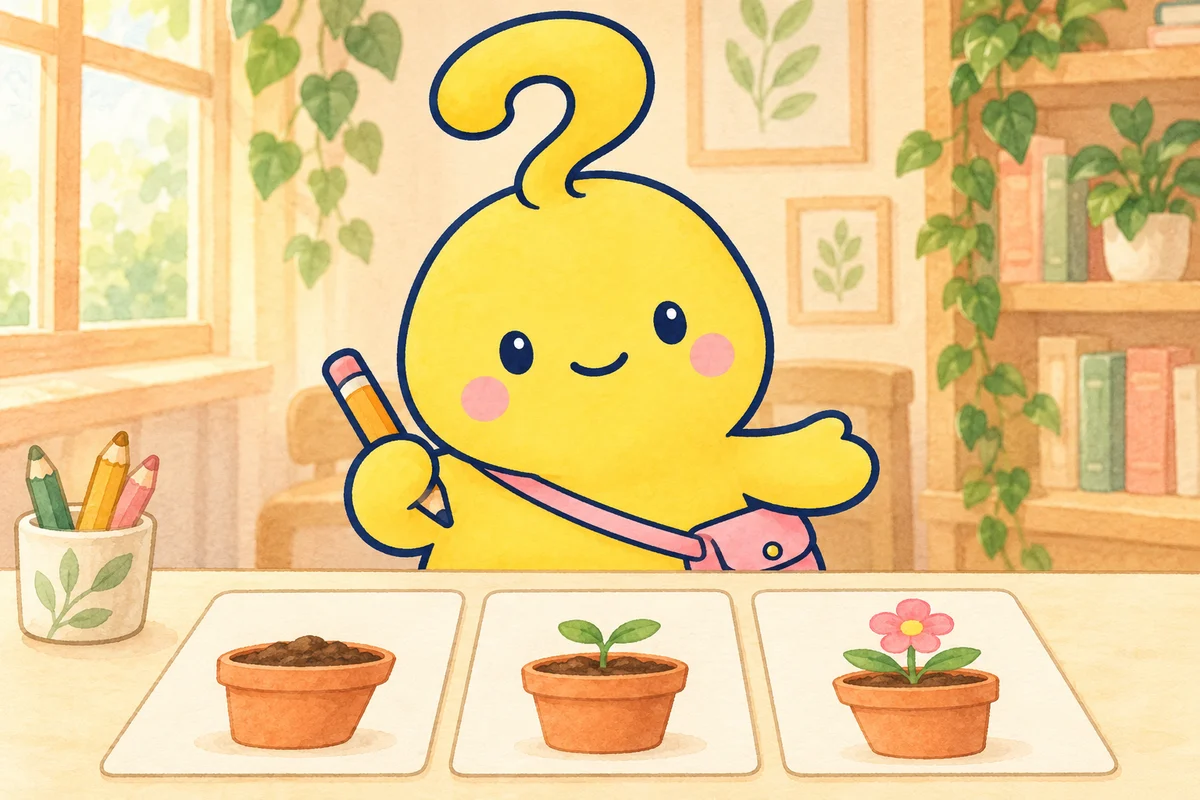 マスコットが、種をまいた鉢・芽・花を描いた三枚のカードで、自分のお話を組み立てる架空の場面。賢治の手帳や原稿の再現ではありません。