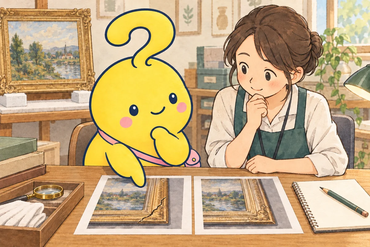 作品に手を加える前の記録を、専門家と一緒に確かめるマスコット。考えるために作った美術館の場面です。