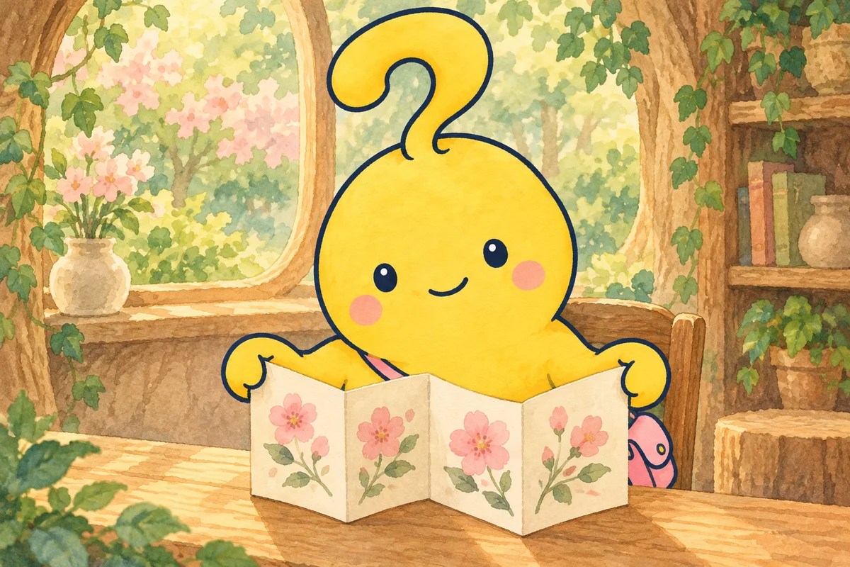 マスコットが、花の絵の紙をじゃばらに折った模型を広げています。折り目を使って開く動きを描く、架空の場面です。