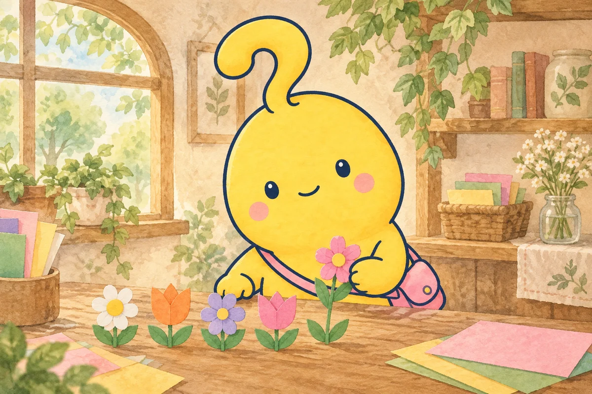 マスコットが机の上に紙の花を並べています。「どんどん増える」は音ではなく変化の様子を表す、という説明のための架空の場面です。