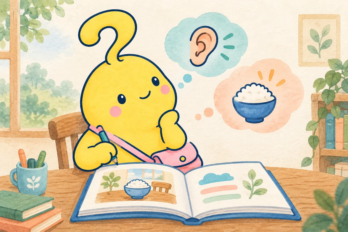 マスコットが開いた本と食卓を見比べ、ことばを知らない読者へ伝え方を考えている。